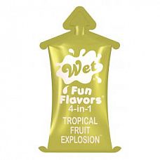 <strong>Гель-лубрикант на водной основе Wet Fun Flavors Tropical Fruit Explosion с ароматом тропических фруктов - 10 мл.</strong> <br />
Ароматизированный, увлажняющий гель-лубрикант Fun Flavors 4-в-1, может использоваться для орального секса, имеет вкус настоящих фруктов и не содержит сахара.<div class="charTableblock"><div><span>Основа</span>: водная</div><div><span>Особенности</span>: оральная; ароматизированная; вкусовая; вагинальная</div><div><span>Объем, мл</span>: 5-29</div><div><span>Объем, мл</span>: 10</div></div> Гель-лубрикант на водной основе Wet Fun Flavors Tropical Fruit Explosion с ароматом тропических фруктов - 10 мл.
Ароматизированный, увлажняющий гель-лубрикант Fun Flavors 4-в-1, может использоваться для орального секса, имеет вкус настоящих фруктов и не содержит сахара.
