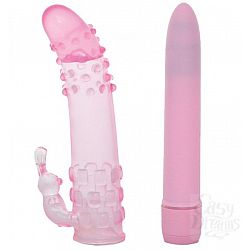  Розовый вибратор с рельефной насадкой GOOD VIBES ORGASMIC DREAM VIBRATOR SET - 15,2 см.