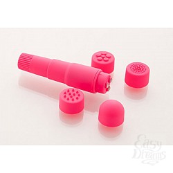 Компактный розовый вибромассажер с 4 насадками Компактный розовый вибромассажер с 4 насадками