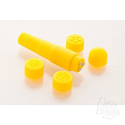 Компактный желтый вибромассажер с 4 насадками Компактный желтый вибромассажер с 4 насадками