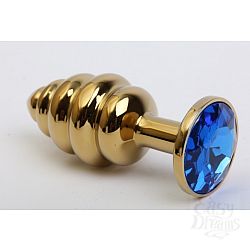  Анальная пробка фигурная золото с синим стразом 8х3,5см 47473-3MM